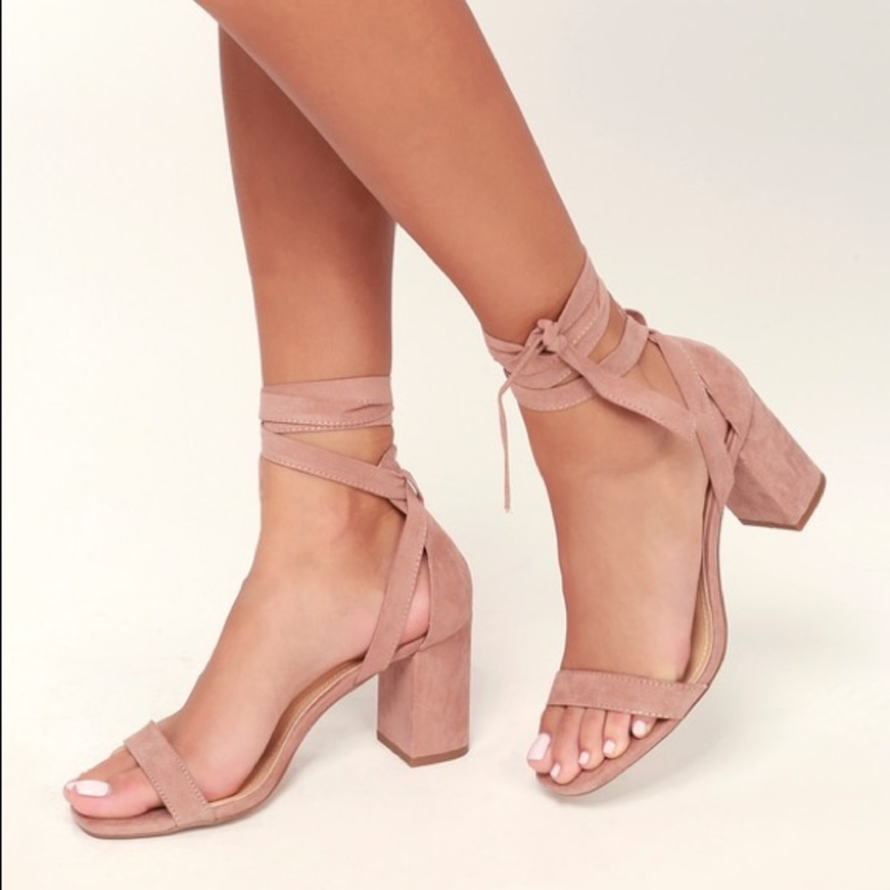 Lulu's Airis suede mauve nude wrap block heels